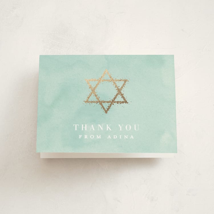 "Graceful" - Foil-Pressed Mitzvah Thank You Cards in Aquamarine by Julia Hall - Front