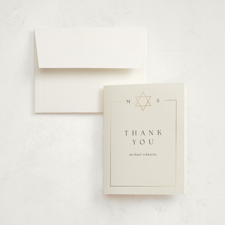 "Framed Monogram" - Foil-Pressed Mitzvah Thank You Cards in Silk by Kelly Schmidt - Front