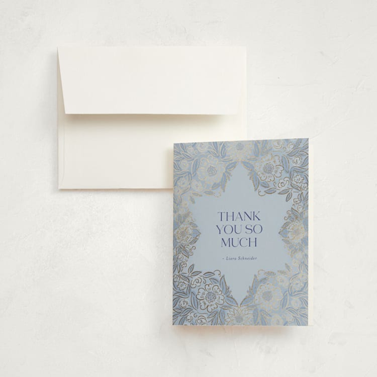 "Blooming Mitzvah" - Foil-Pressed Mitzvah Thank You Cards in Sky by Simona Camp - Front