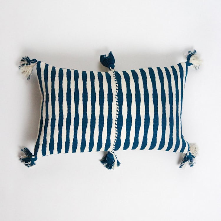 "Antigua Dark Teal Striped Handwoven Cotton Throw Pillow" - Throw Pillows in blue by Archive New York