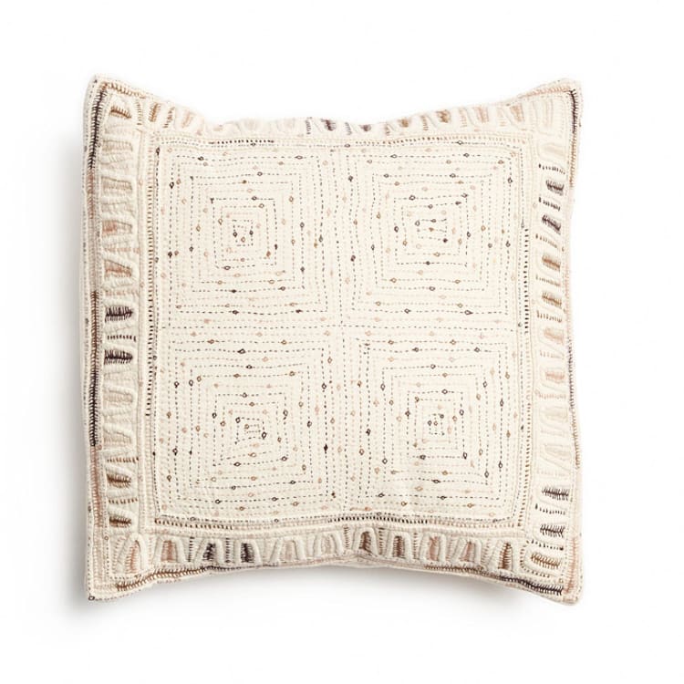 "Maze Brown Hand Embroidered Pillow" - Throw Pillows in white by Anjali Purohit