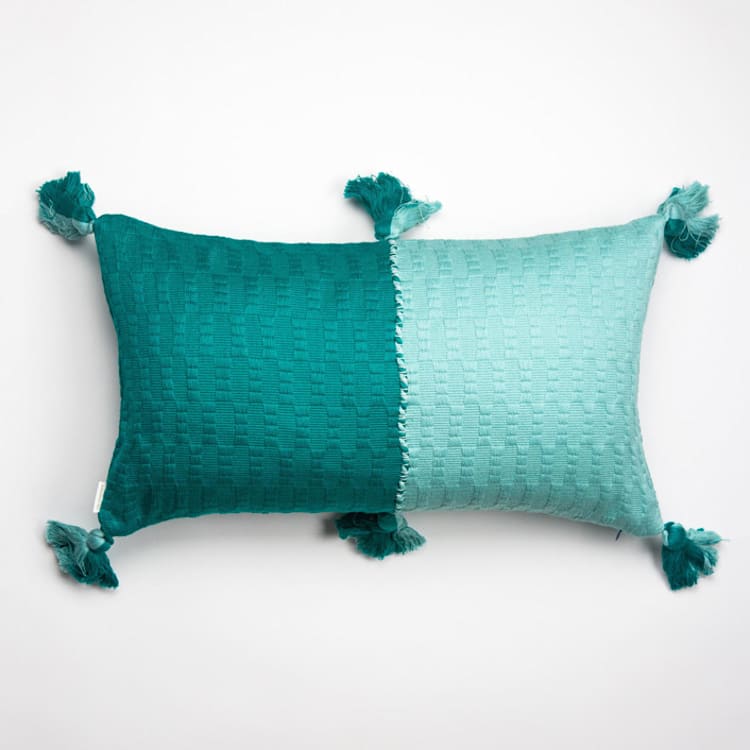 "Antigua Jade and Faded Aqua Color Block Handwoven Cotton Throw Pillow" - Throw Pillows in green by Archive New York