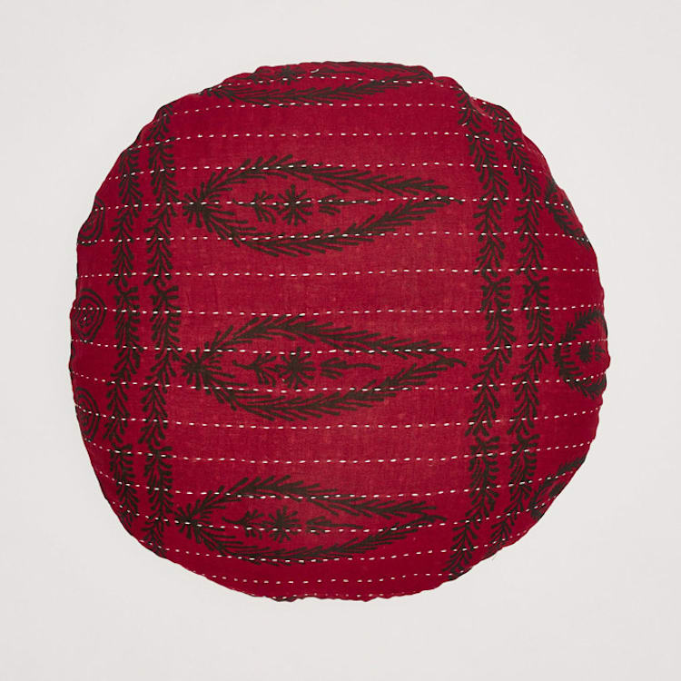 "Kantha Round Pillow - No. 230830" - Throw Pillows in red by Anchal