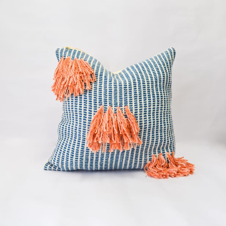 "Naidi Blue Pillow with Tassels" - Throw Pillows in blue by Tatiana Ordoñez