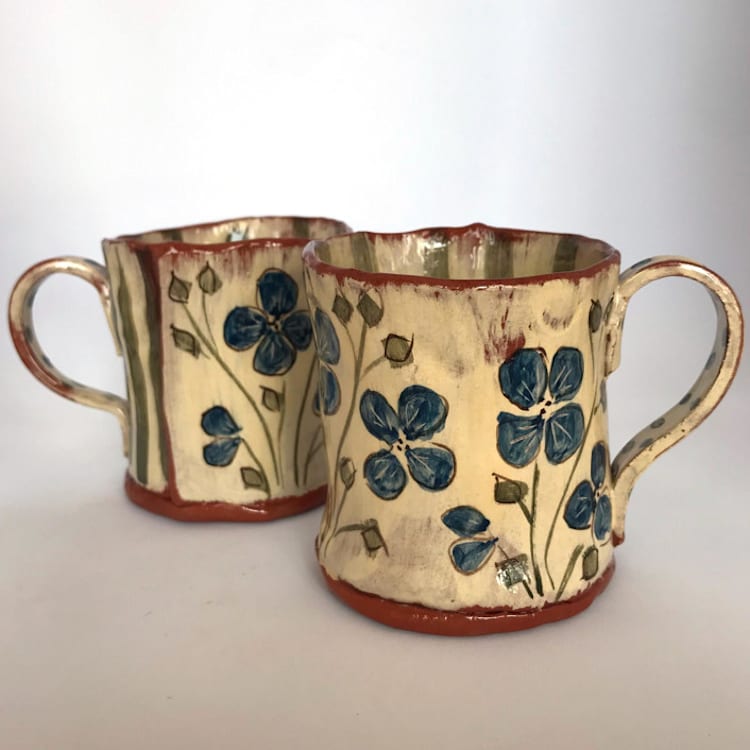 "Blue Flower Mugs, Set-of-2" - Mugs and Teacups in multicolor by Didem Firat