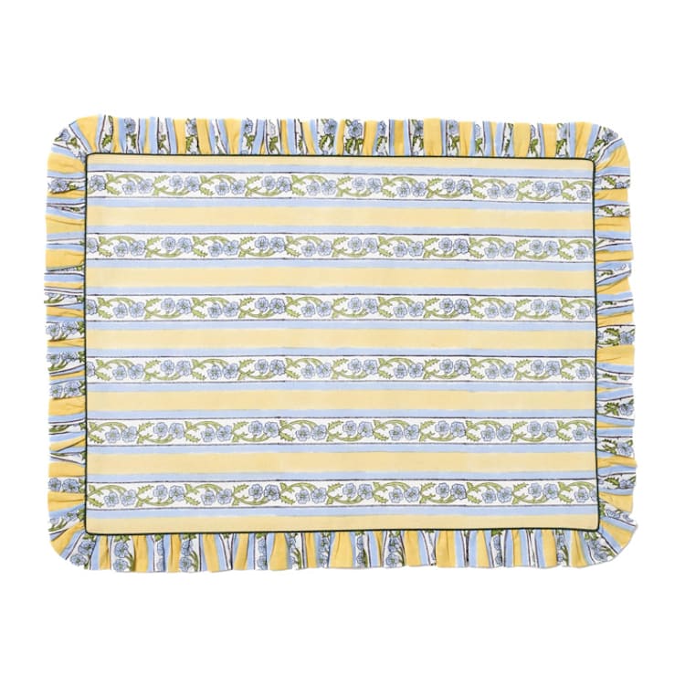 "Provence Ruffled Blockprint Tablecloth in Butter Yellow - 70x120" - Tablecloths and Runners in yellow by Inner Child