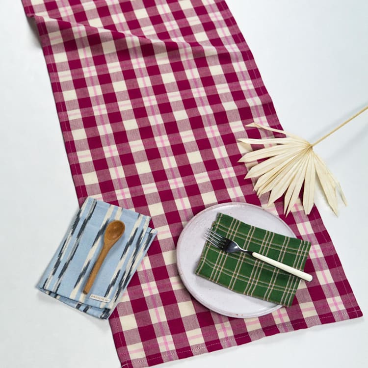 "Abigail Plaid Handwoven Cotton Table Runner" - Tablecloths and Runners in red by Archive New York