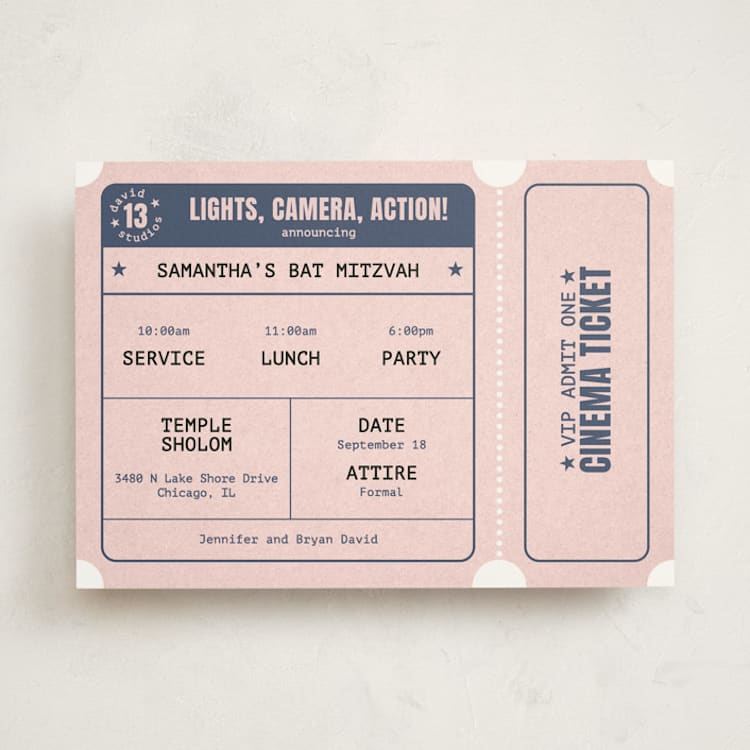 "Cinema Celebration" - Mitzvah Invitations in Rose by Diane Pearse - Front