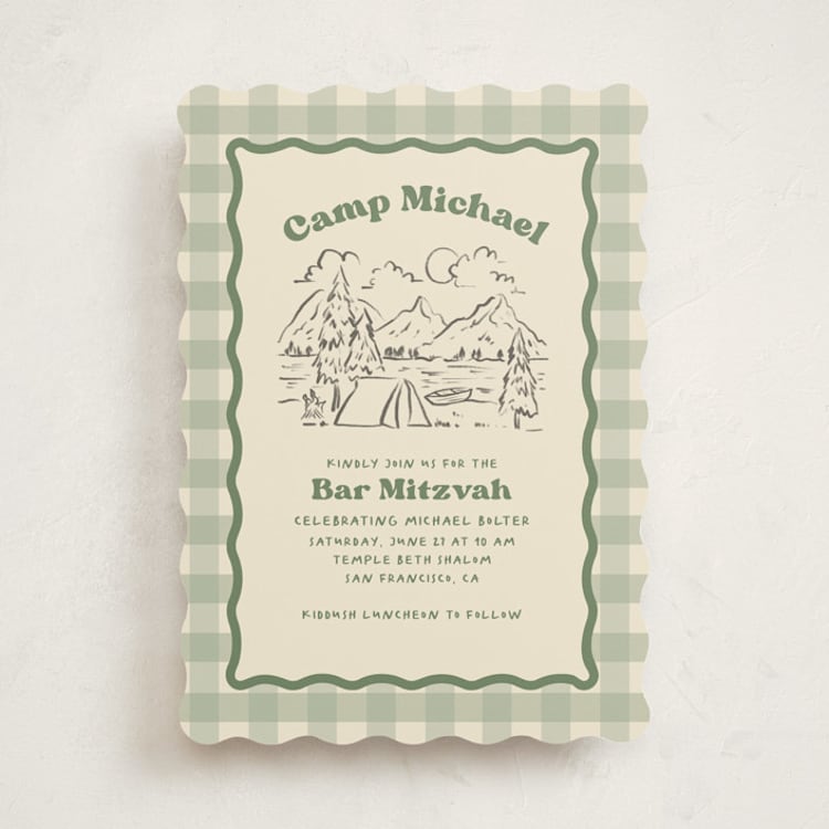 "Camp Mitzvah" - Mitzvah Invitations in Sage by Creo Study - Front