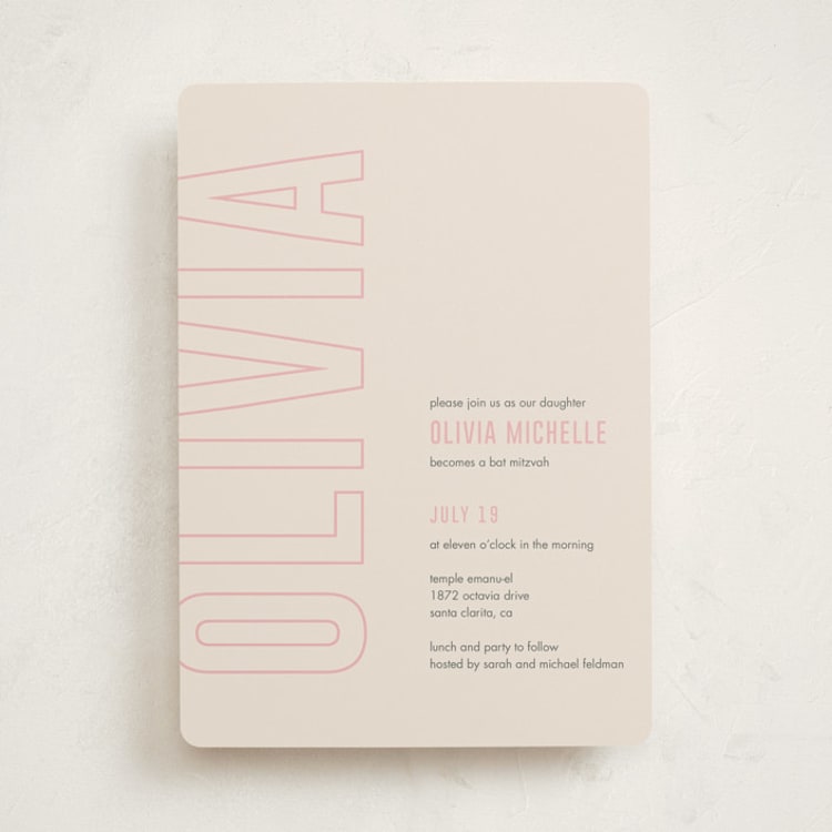 "Bold Name" - Mitzvah Invitations in Peony by Ilene Guy - Front