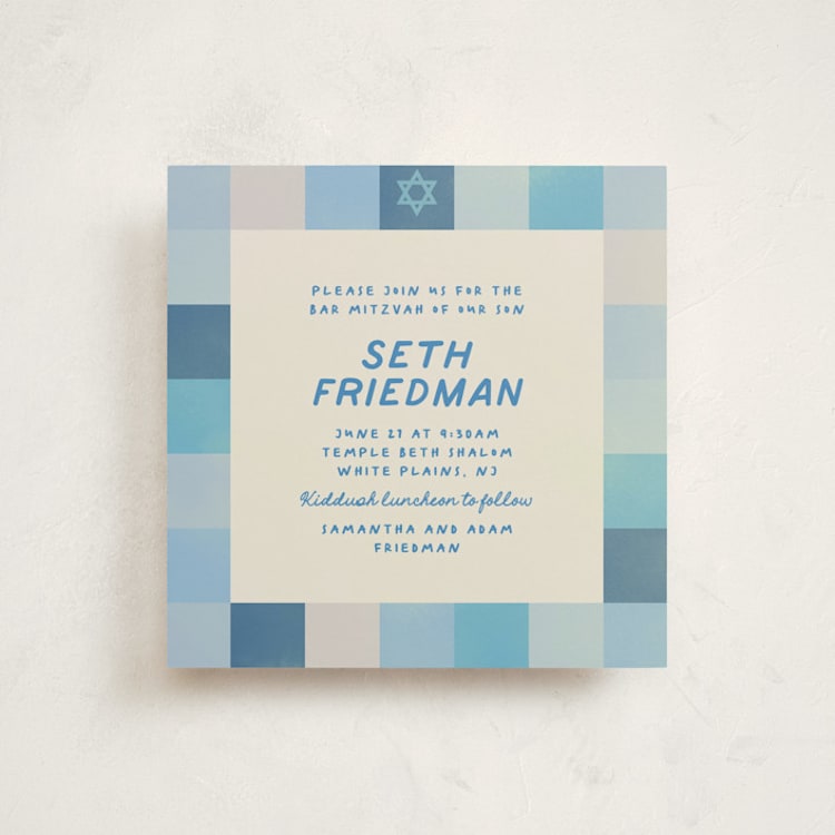 "Checkered Mitzvah" - Mitzvah Invitations in Sky by Creo Study - Front
