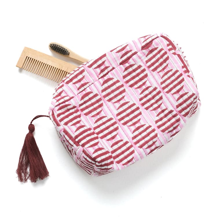 "Striped Circles Blockprint Makeup Bag in Burgundy and Pink - Set of 3" - Makeup Bag in pink by Inner Child