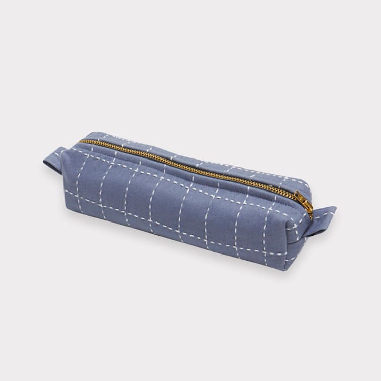"Small Grid-Stitch Toiletry Bag - Slate" - Makeup Bag in blue by Anchal