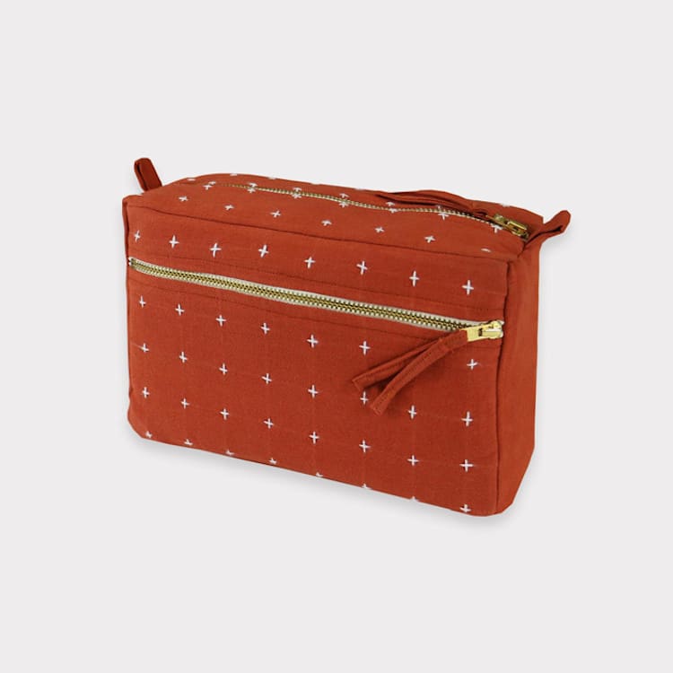 "Medium Cross-Stitch Toiletry Bag - Rust" - Makeup Bag in red by Anchal