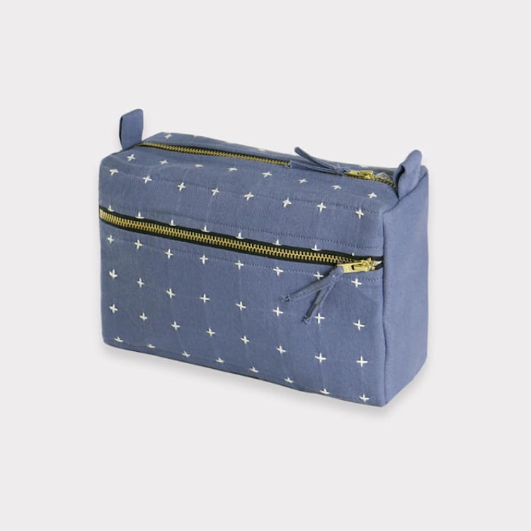"Medium Cross-Stitch Toiletry Bag - Slate" - Makeup Bag in blue by Anchal