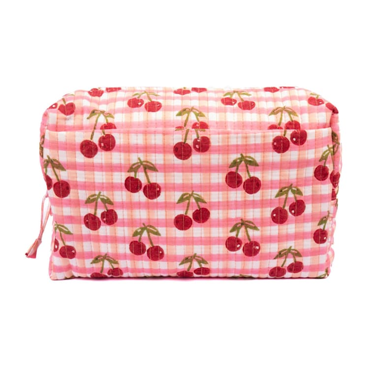 "Cherry Makeup Bag in Red Gingham Blockprint - Large" - Makeup Bag in red by Inner Child