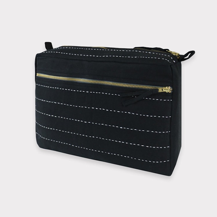 "Large Pin-Stitch Toiletry Bag - Charcoal" - Makeup Bag in black by Anchal