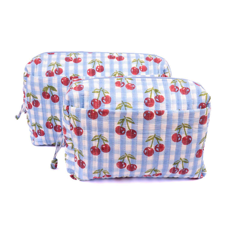 "Cherry Makeup Bag in Blue Gingham Blockprint - Large" - Makeup Bag in blue by Inner Child
