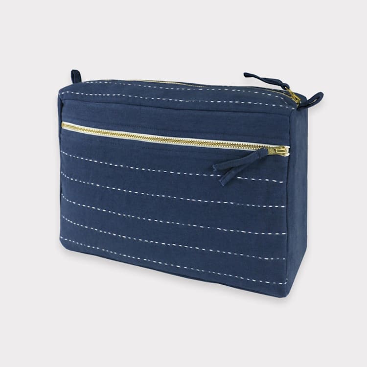 "Large Pin-Stitch Toiletry Bag - Navy" - Makeup Bag in blue by Anchal