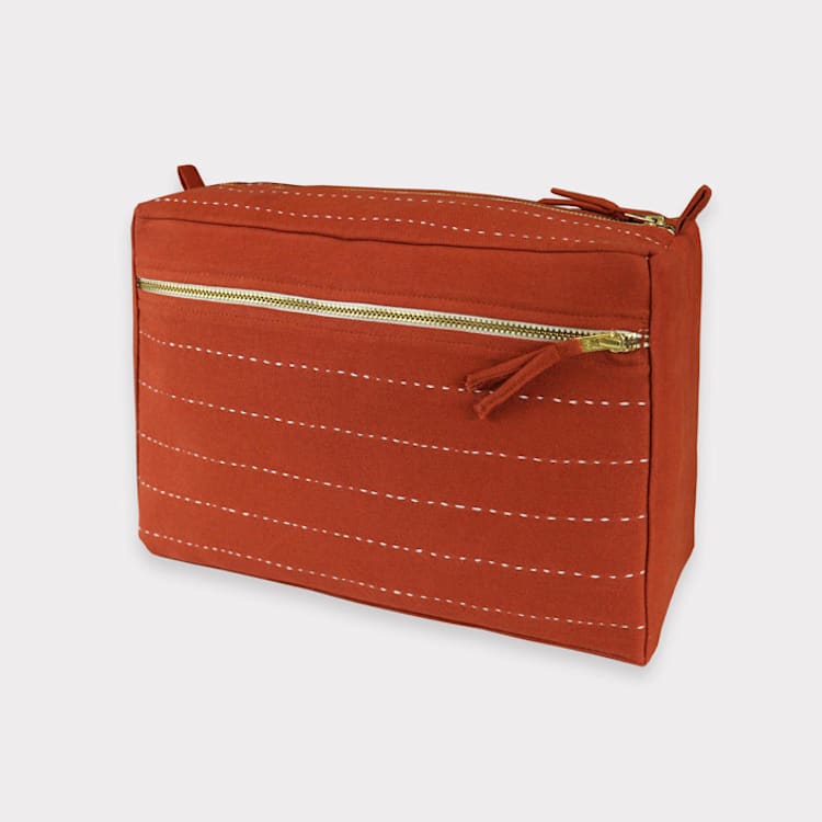 "Large Pin-Stitch Toiletry Bag - Rust" - Makeup Bag in red by Anchal