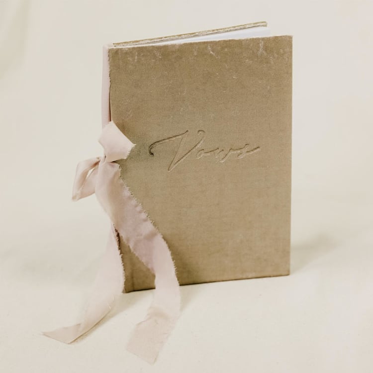 "Vow Book Champagne Velvet with Ribbon" - Wedding Vow Books in multicolor by Ribbon and Rings