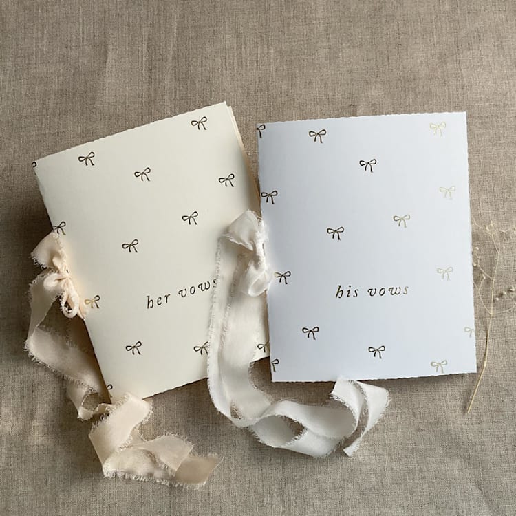 "Gold foil stamping baby bow ties vow books | SET of 2 books | includes 1 her vows and 1 his vows" - Wedding Vow Books in gold by Ivory Invitations