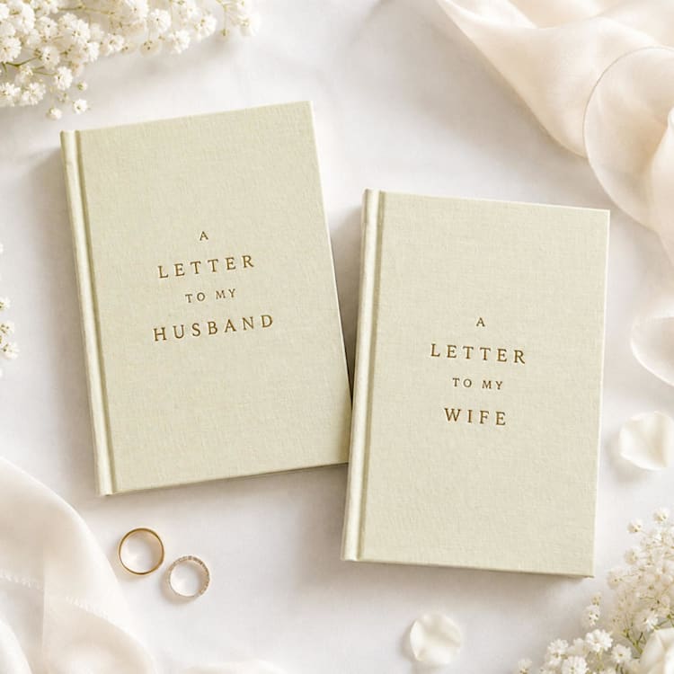 "A Letter To My Husband / Wife Linen Vow Books" - Wedding Vow Books in gold by Carolyn Jung