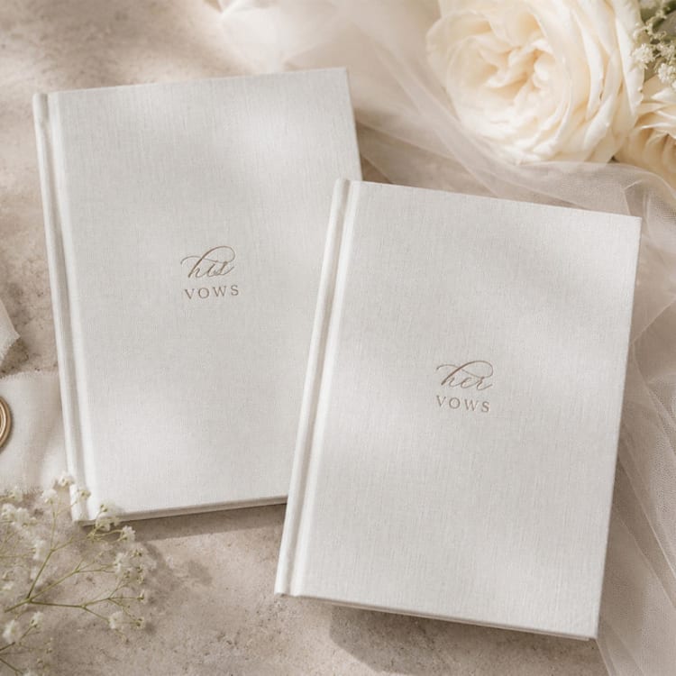 "His and Her Vows Linen Vow Book Set" - Wedding Vow Books in gold by Carolyn Jung