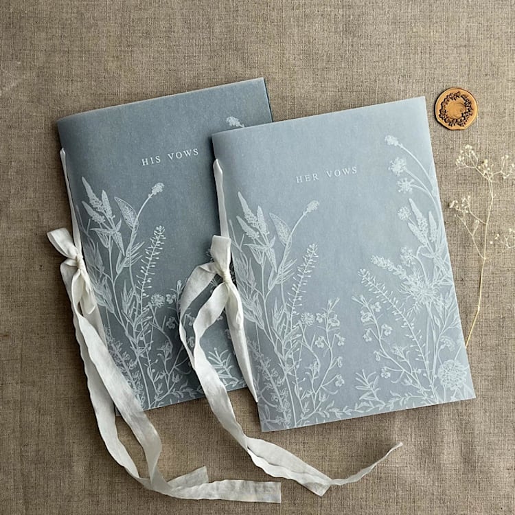 "White ink print vellum covered English botanical garden Blue Vow Books | SET of 2 books | includes 1 her vows and 1 his vows" - Wedding Vow Books in blue by Ivory Invitations