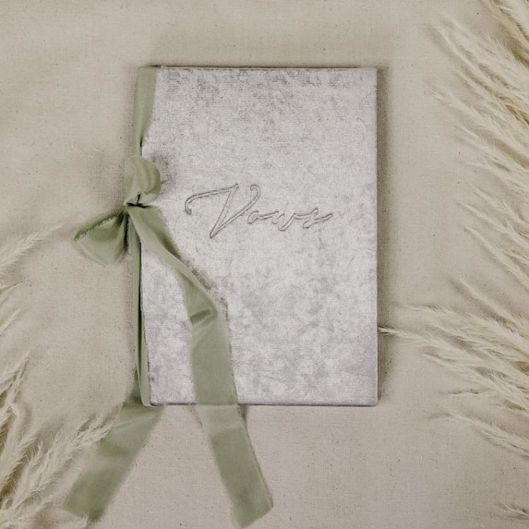 "Vow Book Silver Velvet with Ribbon" - Wedding Vow Books in silver by Ribbon and Rings