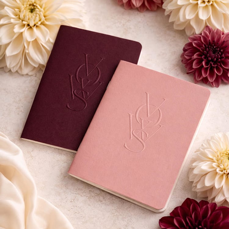 "Luxe Embossed Unisex Vow Books, Set of Two, Blank Paper _ Rose & Burgandy" - Wedding Vow Books in pink by Eva Tadros