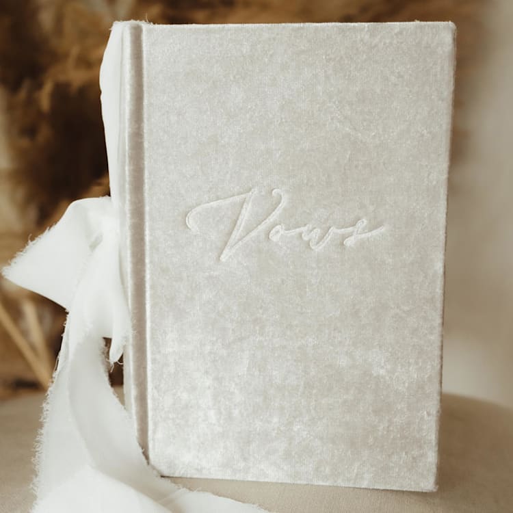 "Vow Book White Velvet with Ribbon" - Wedding Vow Books in white by Ribbon and Rings