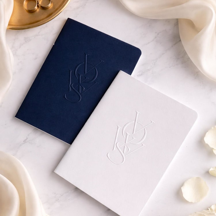 "Luxe Embossed Unisex Vow Books, Set of Two - Navy & White" - Wedding Vow Books in blue by Eva Tadros