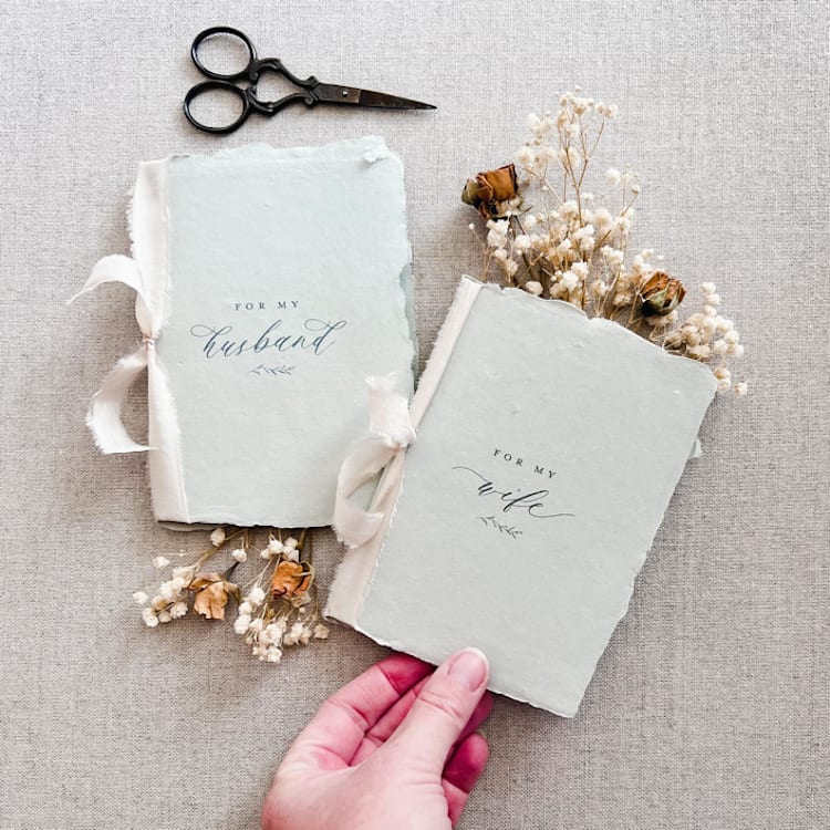 "For My Husband / Wife Vow Book Set - Lake with ribbon" - Wedding Vow Books in natural by Jen Simpson