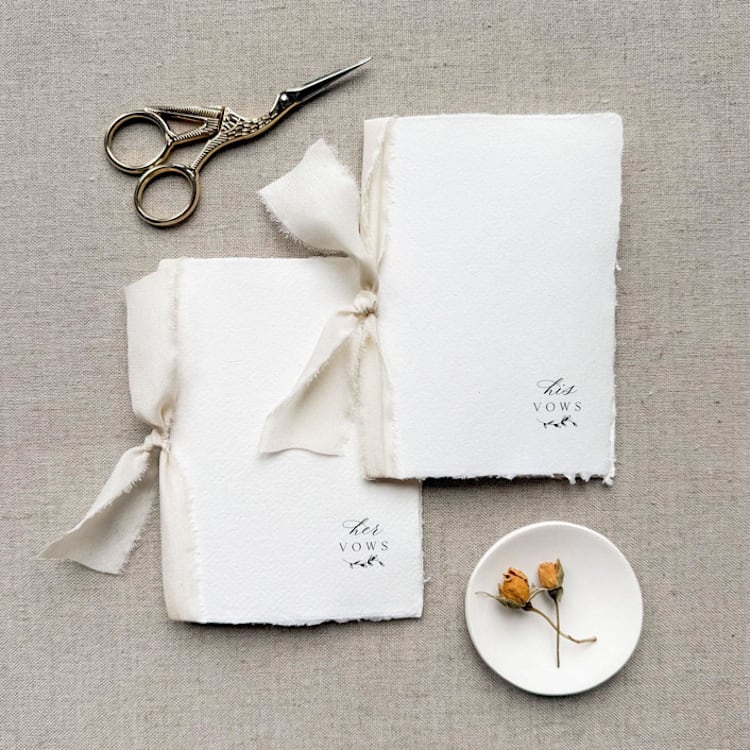 "Minimal Vow Books set of two bound with light taupe ribbon" - Wedding Vow Books in white by Jen Simpson