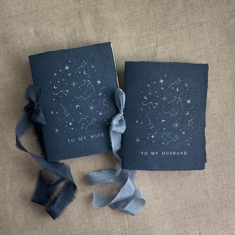 "Stella celestial wedding vow books navy | SET of 2 books | includes 1 her vows and 1 his vows" - Wedding Vow Books in blue by Ivory Invitations