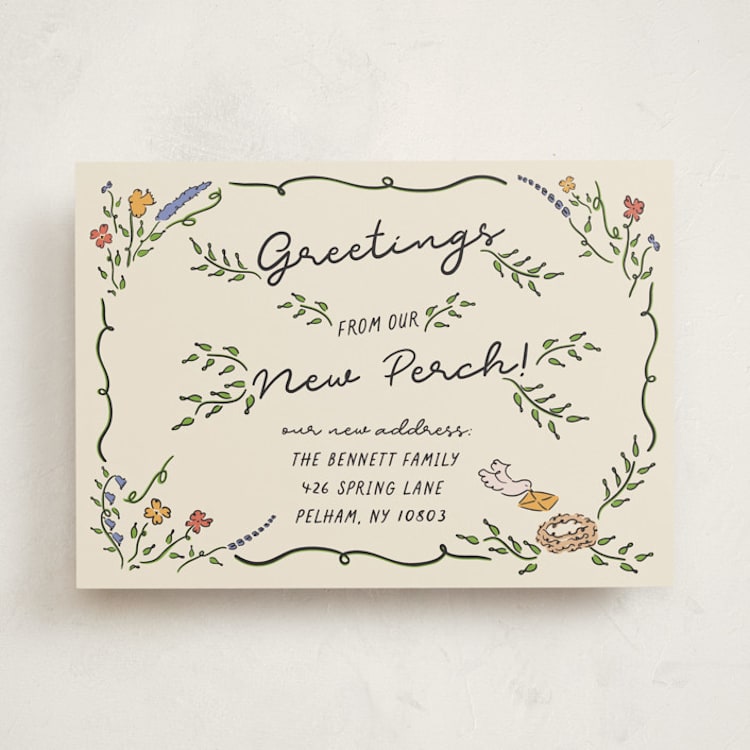 "New Perch Greetings" - Moving Announcements in Black Dahlia by Sarah Rosenthal - Front