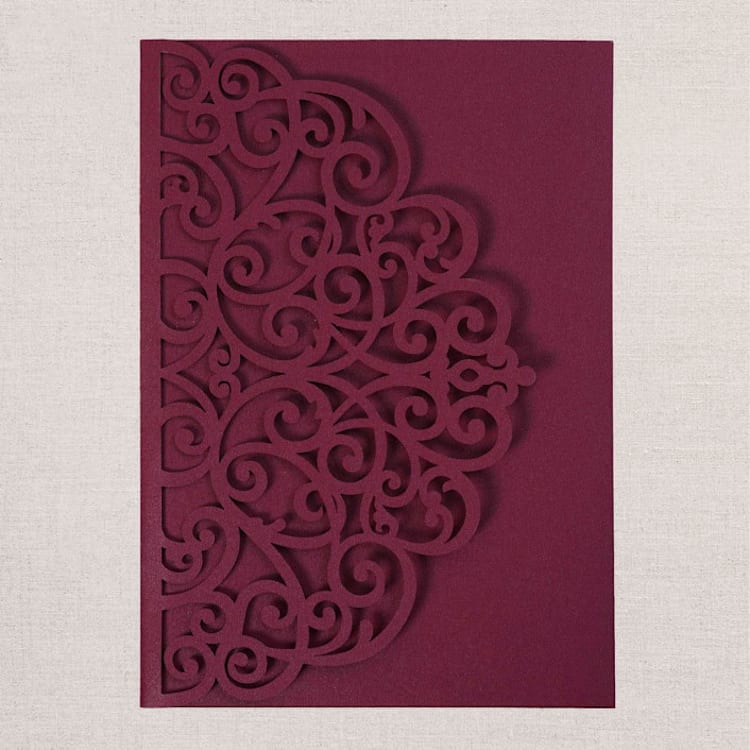 "Qty of 50 Custom Gorgous Open Lace Burgundy Shimmer Pocket | Other Color Options Available" - Invitation Pockets in red by Papel Custom Design