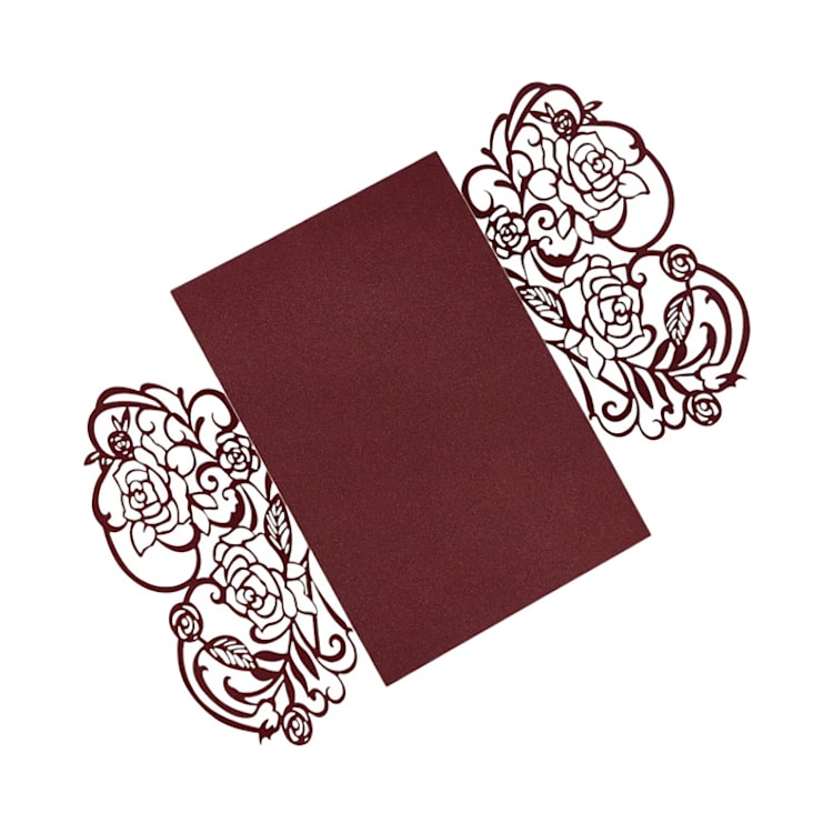 "Burgundy Laser Cut Gatefold (Set of 10)" - Invitation Pockets in red by Caroline Russo