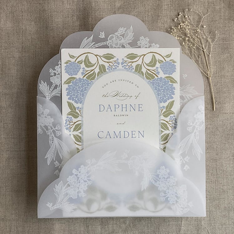 "White lace vellum petal pochette for 5x7 card | pack of 10" - Invitation Pockets in white by Ivory Invitations