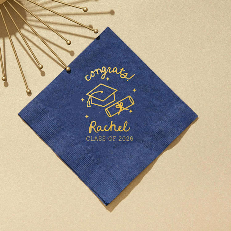 "Scripted Cap & Diploma Graduation Napkin, cocktail size, set of 50" - Napkins in blue by ForYourParty