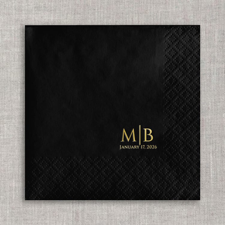 "Custom initials foil napkins | Gold foil, black napkins | Set of 100" - Napkins in black by Orchid Studio