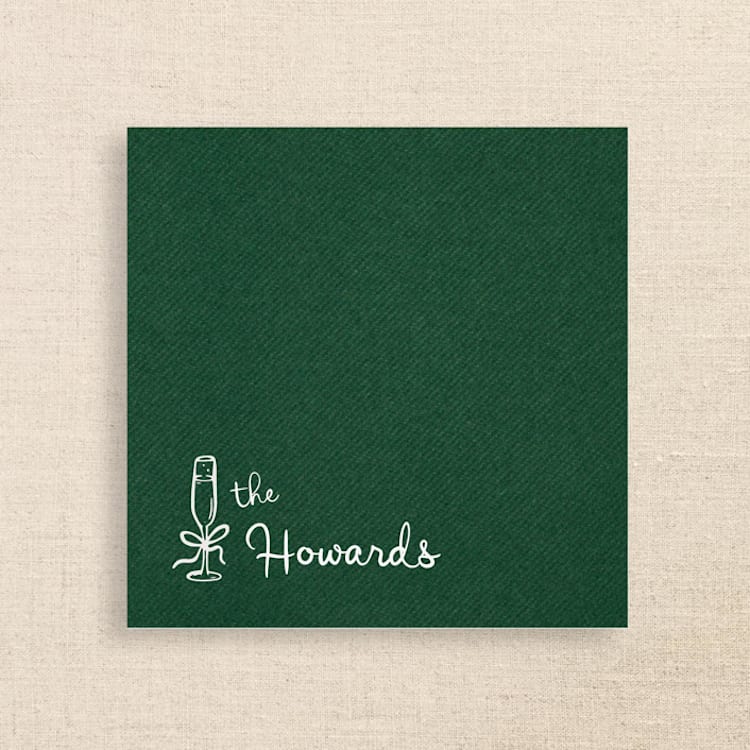"Elegant Green Linen-Like Napkin with Personalized Family Name & Champagne Glass Icon | Pack of 50" - Napkins in green by Papel Custom Design