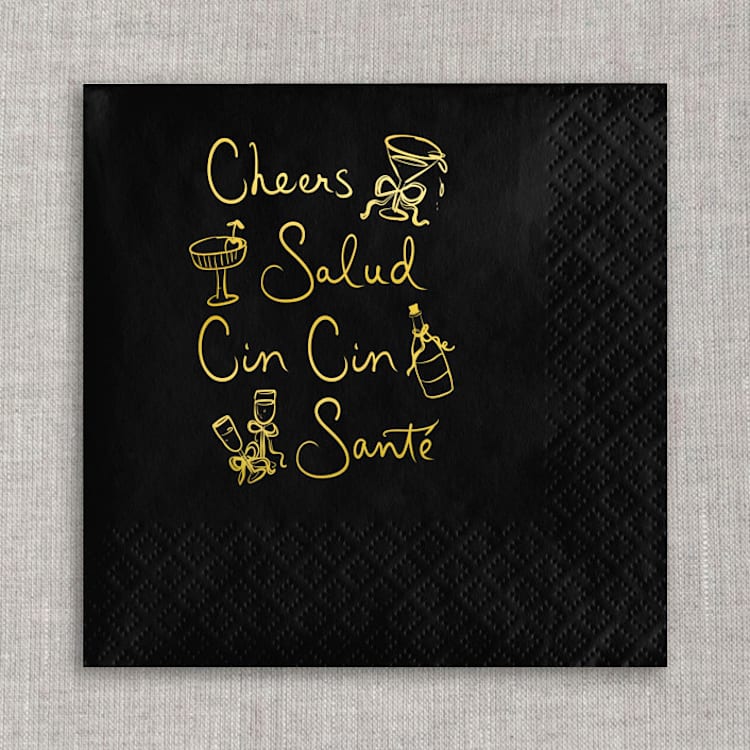 "Cheers, salud, cin cin, santé cocktail napkins - Black Napkins (Set of 20)" - Napkins in black by Orchid Studio