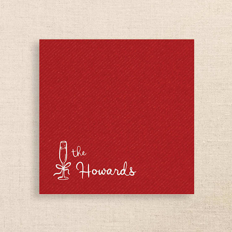 "Red Linen-Like Napkin with Personalized Family Name & Champagne Glass Icon | Pack of 50" - Napkins in red by Papel Custom Design