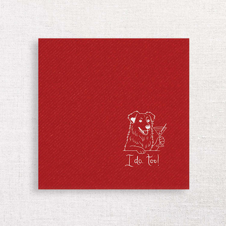 "“I Do, Too!” Australian Shepherd Wedding Cocktail Napkins Red - Pack of 50" - Napkins in red by Papel Custom Design