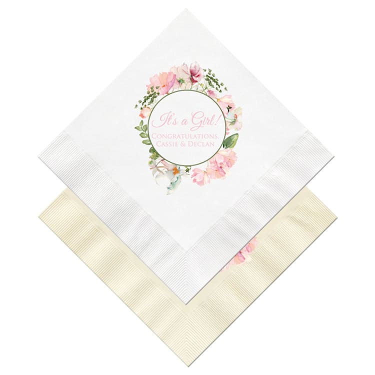 "Pink Floral Personalized Baby Shower Napkins" - Napkins in white by Papel Custom Design