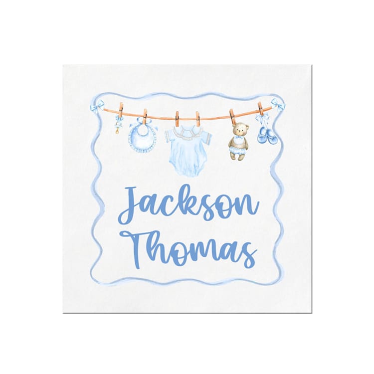 "Baby Boy Vintage Clothesline Personalized Shower Cocktail Napkins | Pack of 50" - Napkins in white by Papel Custom Design