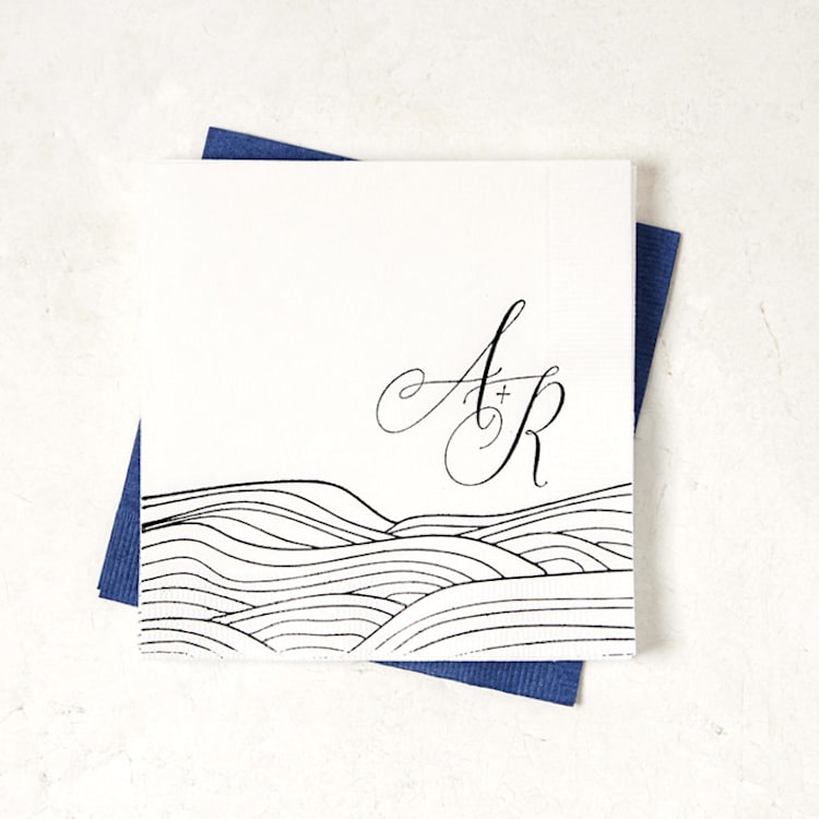 "Romantic Waves with Initials Napkin, cocktail size, set of 100" - Napkins in white by ForYourParty