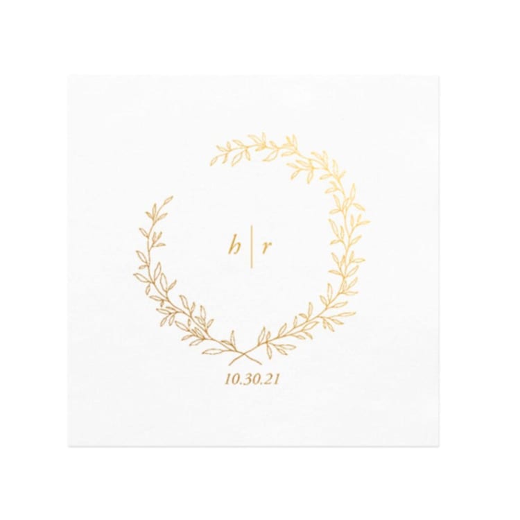 "Personalized Modern Wreath Foil Initial Cocktail Napkins | Pack of 100" - Napkins in white by Papel Custom Design